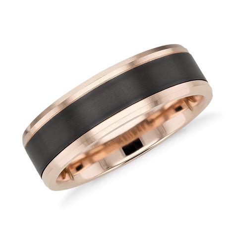 Satin Finish Wedding Ring In Black Titanium And 14k Rose Gold 7mm