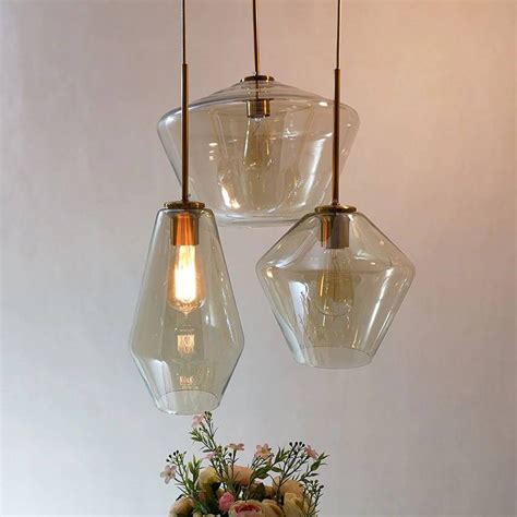 Luxury Nordic 3 Heads Glass Pendant Light Modern Simple Clear Cognac Glass Shade Hanging