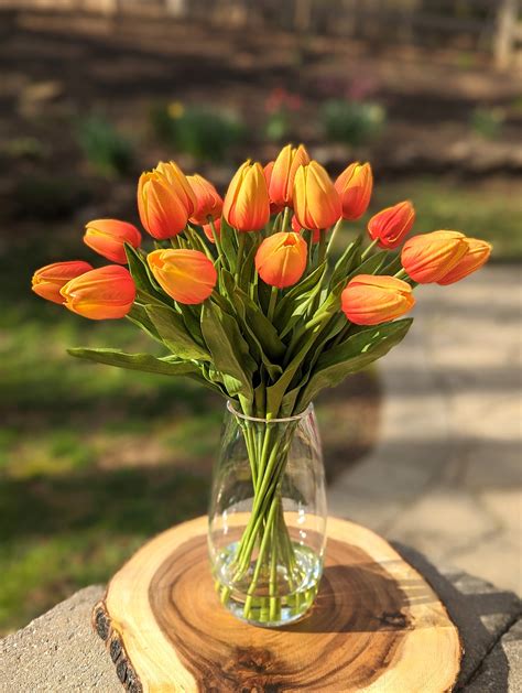 Orange Tulip Real Touch Flowers In Faux Water 19 Tulip Flower Arrangement Tulips In Vase