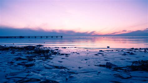Frozen Beach Sea Sunset Purple Sky Background 4k Hd Nature Wallpapers