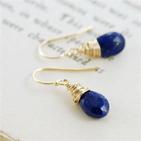 Lapis Lazuli Gold Dangle Earrings Blue Gemstone Wire Wrapped Etsy