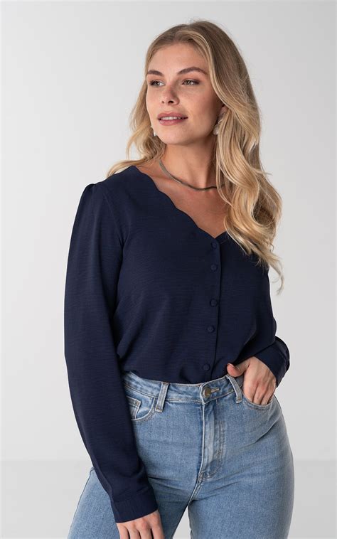 V Neck Blouse With Buttons Dark Blue Guts And Gusto