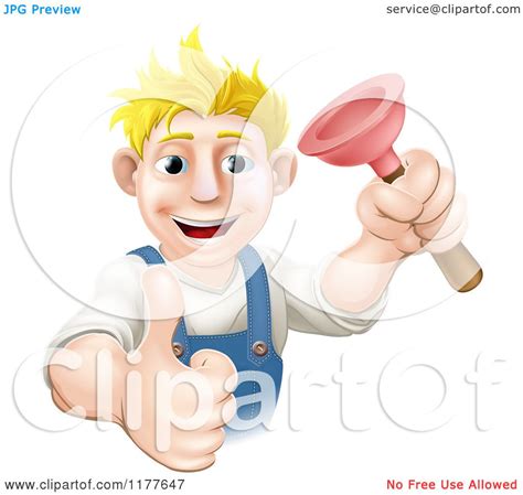 Cartoon Of A Happy Plumber Holding A Plunger And A Thumb Up Royalty