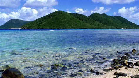 Green Trees Mountains Island Stones Ocean Waves Blue Sky Hd Nature