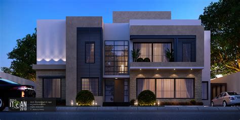 Exclusive facade design with conceptual lighting highlighting architectural details. Modern Villa Design - saudi arabia | ITQAN-2010