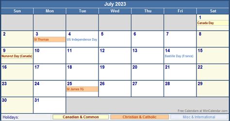 July 2023 Canada Calendar With Holidays For Printing Image Format