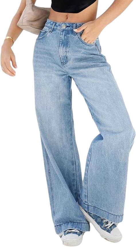 Women S Wide Leg Baggy Denim Jeans Casual Mid Waisted Straight Pants Trouser Y2k E Girl