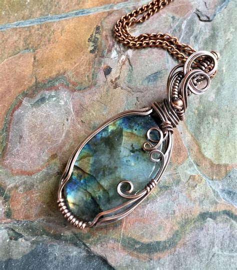 Wire Wrapped Labradorite In Antiqued Copper Wired Labradorite Pendant