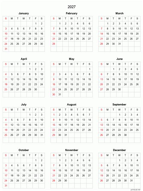 2027 Printable Calendar Full Year Calendar Grid Style