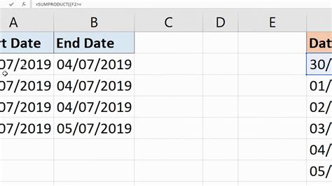 Count Occurrences Of A Date In Date Ranges Excel Formula Youtube