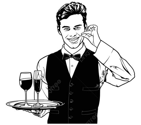 Waiter Carrying Drinks And Showing Delicious Suit Head Waiter Gastronomy Vector Suit Head