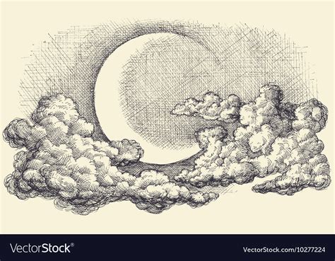 Night Sky Moon In The Clouds Hand Drawing Vector Image By Danussa