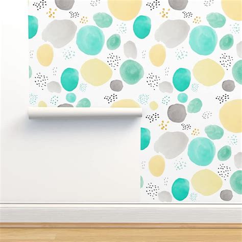 Peel And Stick 9ft X 2ft Teal Grey Gold Watercolor Dots Yellow
