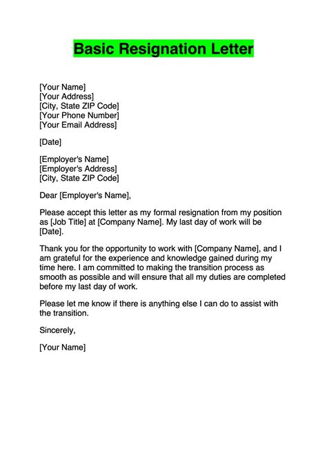 Simple Letter Of Resignation Template