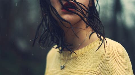 Wallpaper Mood Girl Brunette Hair Wet Rain Water 1920x1080