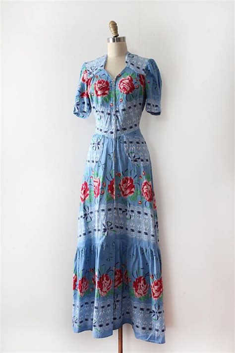 Vintage 1930s Dress 30s Floral Zip Up Dressing Gown Etsy Vintage