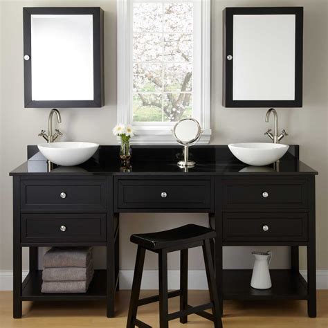 Two doors open up beneath the sink to reveal plenty of space for cleaning supplies and other bathroom essentials. 72" Taren Black Double Vessel Sink Vanity with Makeup Area ...