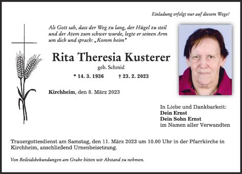 Traueranzeigen Von Rita Theresia Kusterer Augsburger Allgemeine Zeitung