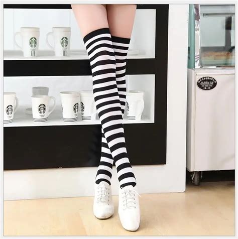 Dtwobros Cute Sexy Women Japanese Girl Striped Thigh High Stocking Over The Knee Socks Fashion