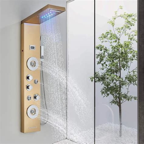 Zovajonia Brushed Gold Shower Panel Tower System Led Rainfall Massage