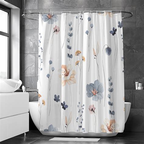 Watercolor Floral Shower Curtain Setsblue Beige Flowers Bathroom