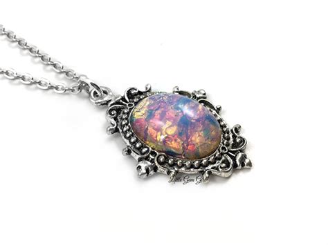 Czech Glass Fire Opal Amulet Necklace October Birthstone Etsy