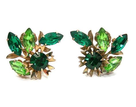 Vintage Mid Century Emerald And Peridot Green Rhinestone Clip On