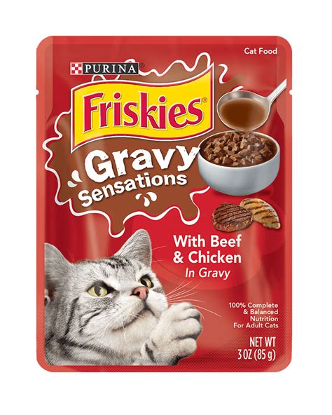 Several flavors are available including duck, chicken, and salmon. Friskies Gravy Sensations Beef & Chicken Wet Cat Food | Purina