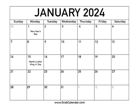 Free Printable 2024 January Calendar With Holidays Calendar Free