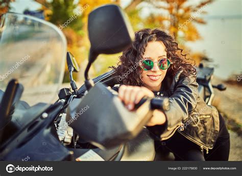 Young Woman Riding Motorcycle City Portrait Beautiful Woman Motorcycle