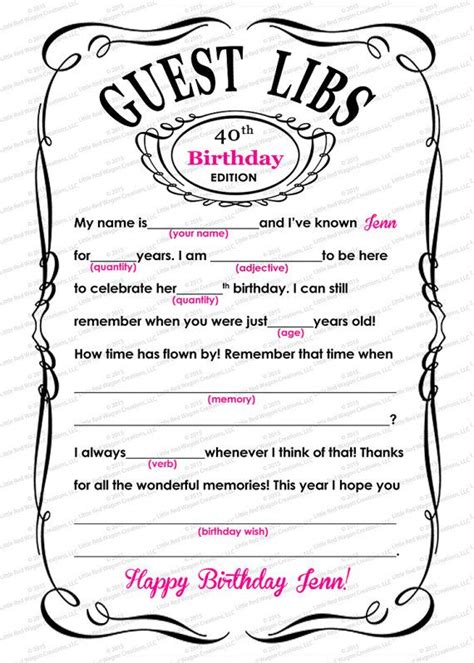 Guest Mad Libs Adult Birthday Printable 5 7 By Lrwcreationsllc Crafts 75th Birthday Parties
