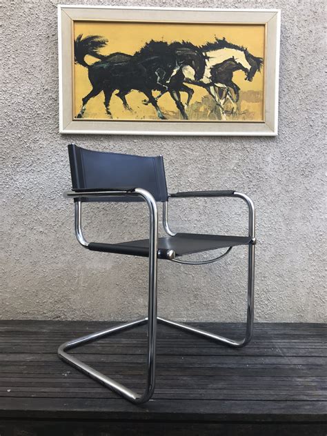 3 Retro Style Italian Black Leather And Chrome Chair Bauhaus Style