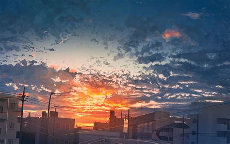 Anime City Sunset Buildings Clouds Dawn Scenic For Macbook Pro 15