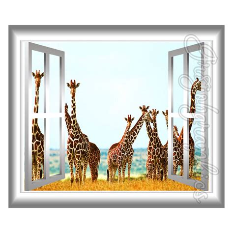 3d Window Wall Decal Giraffes Mural Wall Art Sticker Window Frame Scene