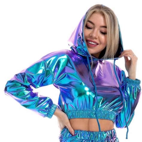 Sexy Cropped Holographic Hoodies Women Edm Rave Festival Shiny Pu