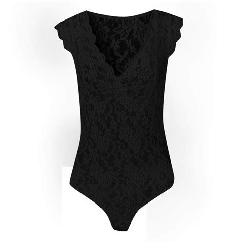Buy Women Sexy Solid V Neck Sheer Mesh Lace Sleeveless Slim Bodysuit At Affordable Prices — Free