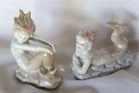 Vintage Lusterware Pair Of Mermaids Made In China Mermaid Figurine
