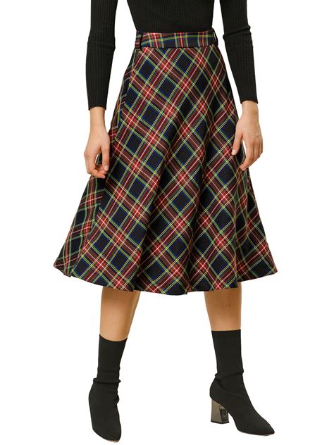 unique bargains women s plaid check belted midi high waist swing skirts