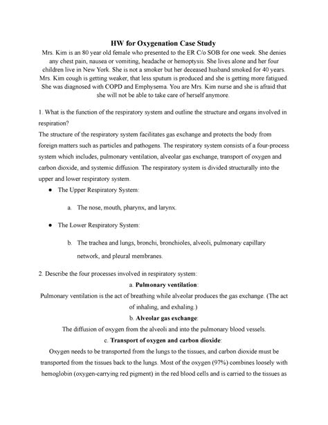 HW for Oxygenation Case Study - Kim is an 80 year old female who