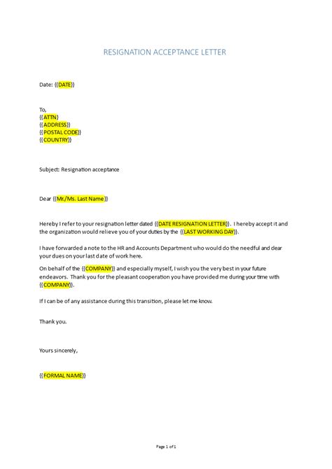 Resignation Acceptance Letter Sample For Accepting Resignation Letter