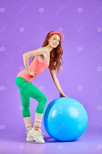Sporty Girl With Red Hair And Freckles Stands Near Light Blue Fit Ball Stock Image Image Of