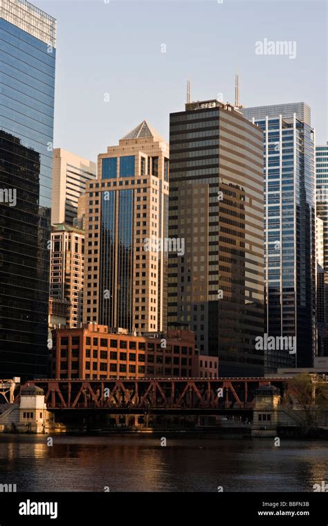 Lake Street Bridge And Downtown Buildings Along Chicago River Stock