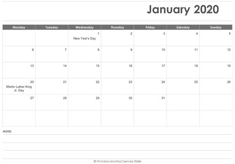 January 2020 Calendar Printable With Holidays