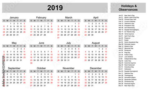 2019 Calendar With Holidays Printable