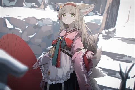 Animal Ears Apron Arknights Blonde Hair Foxgirl Green Eyes Headband