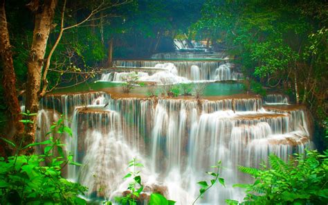 Tropics Cascade Waterfalls Green Trees Huay Maekamin