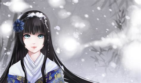 Anime Girl Long Hair Winter Snow Cry Kimono Wallpaper 1600x945 615789 Wallpaperup