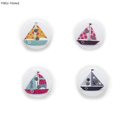 50pcs 2 Hole Mixed 2 Style Sailboat Round Wood Buttons Home Sewing