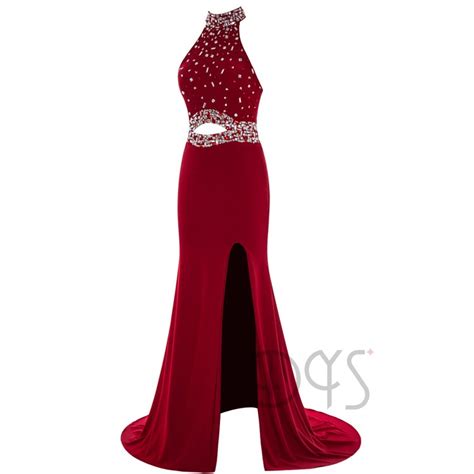 2018 Sexy Heavy Beaded Halter Open Leg Split Long Red Prom Dress For