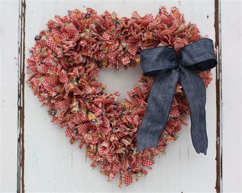 Farmhouse Rag Wreath Valentines Wreath Fabric Heart Wreath Red